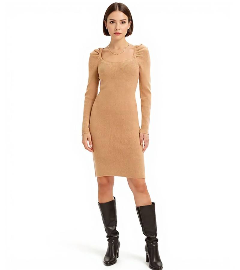 Damen Ripp-Strick-Kleid mit Karree-Ausschnitt Mini-Kleid mit langen Ärmeln 921895 Braun von O46bpx