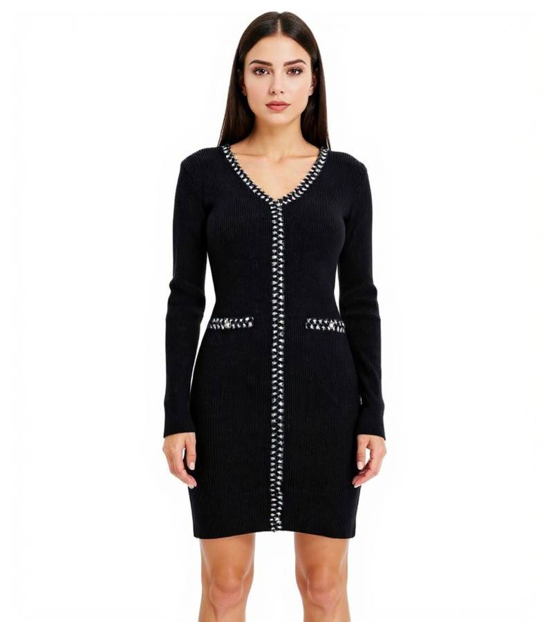 Damen Ripp-Strick-Kleid mit Zierstreifen und Zier-Taschen Mini-Kleid mit langen Ärmeln 913875 Schwarz von O46bpx