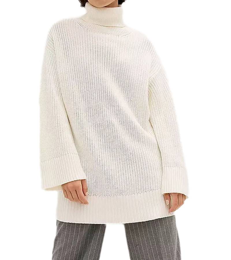 Damen Rollkragen-Pullover mit seitlichen Schlitzen Oversized Strick-Pullover 965990 Creme-Weiß von O46bpx