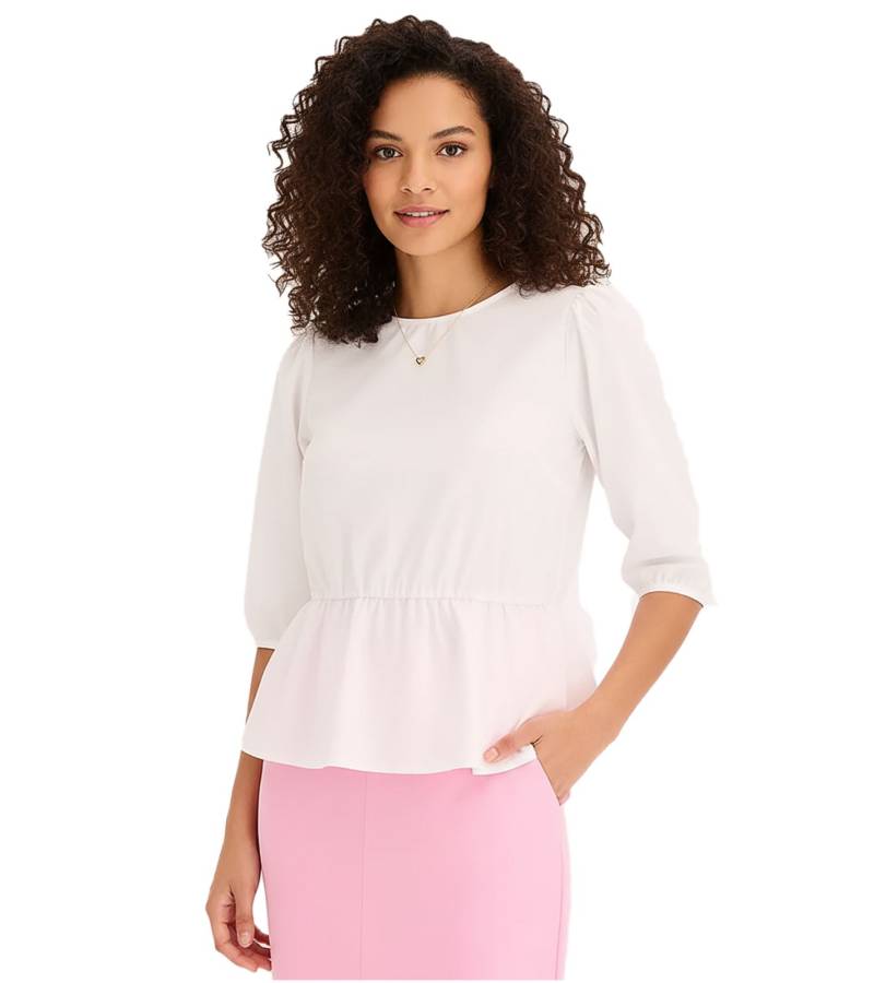 Damen Sommer-Bluse Rundhals-Bluse mit 3/4 Ärmeln und Schößchensaum Baumwoll-Bluse 920934 Weiß von O46bpx