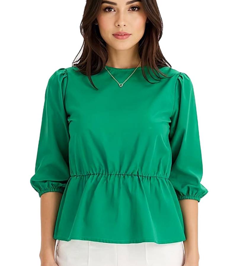 Damen Sommer-Bluse Rundhals-Bluse mit 3/4 Ärmeln und Taillengummi Baumwoll-Bluse 950069 Grün von O46bpx