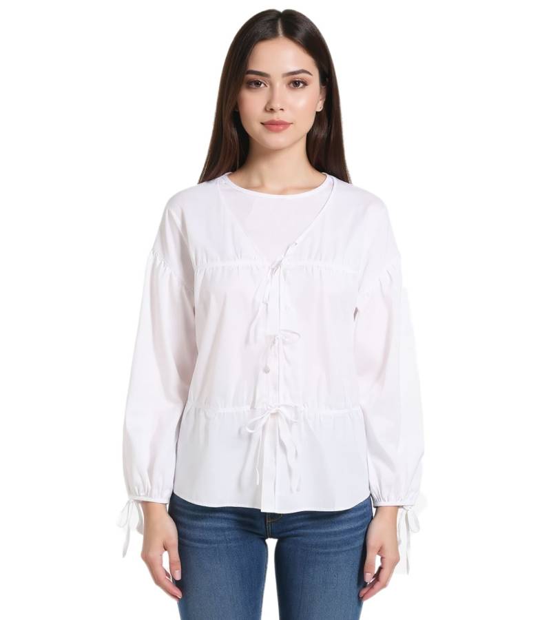 Damen Sommer-Bluse mit Bindeband Sommer-Cardigan Sommer-Shirt 943358 Weiß von O46bpx