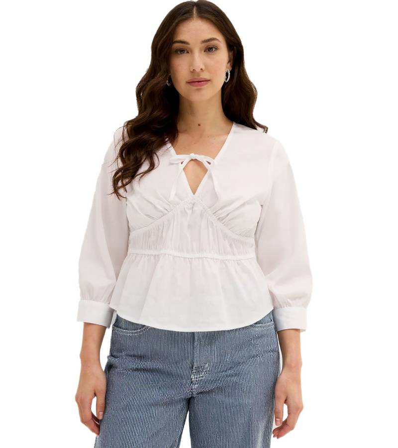 Damen Sommer-Bluse mit Bindeband und taillierter-Saum Sommer-Shirt 968082 Weiß von O46BPX