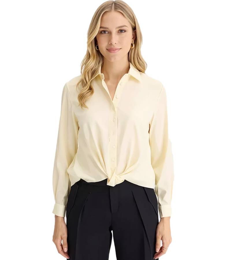 Damen Sommer-Bluse mit leichtem Glanz Langarm-Shirt 976599 Gelb von O46bpx