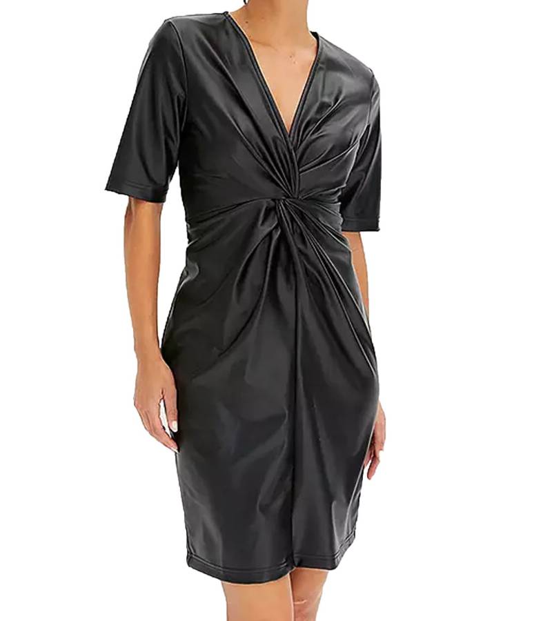 Damen Sommer-Kleid geknotetes Kunstleder-Kleid Mini-Kleid Kurzarm-Kleid 923740 Schwarz von O46bpx