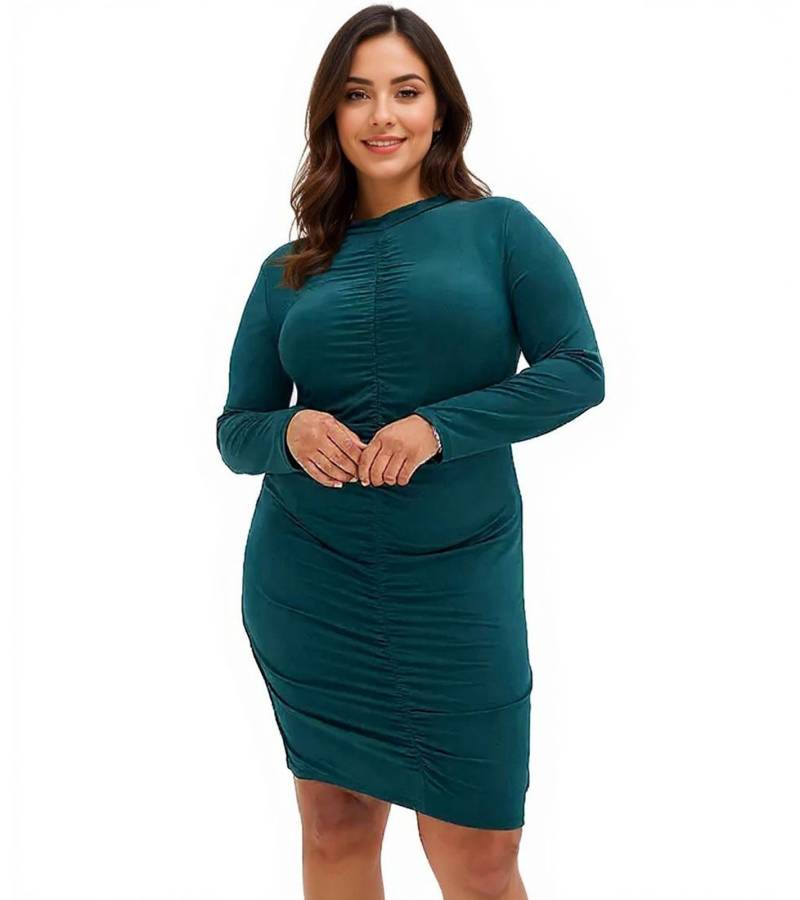 Damen Sommer-Kleid gerafftes Jersey-Kleid enganliegendes Langarm-Kleid 935347 Grün von O46BPX
