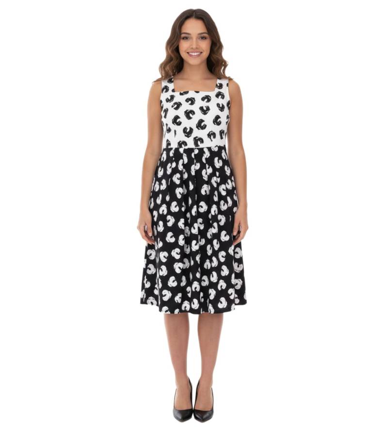 Damen Sommer-Kleid mit grafischem Druck Baumwoll-Kleid ohne Ärmel Midi-Kleid 948746 Weiß/Schwarz von O46bpx