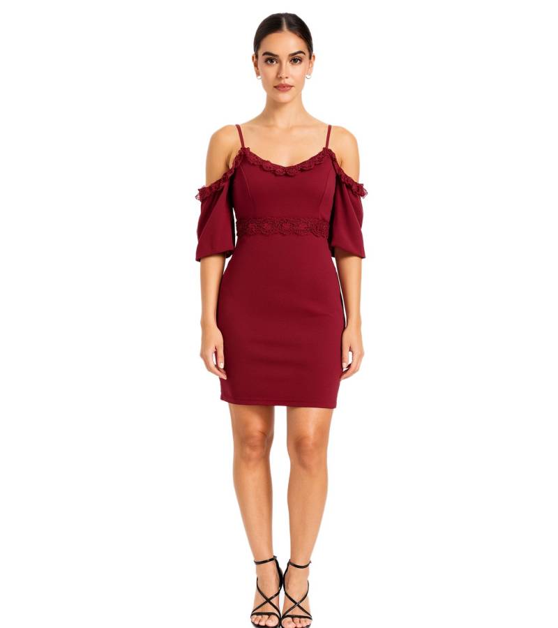 Damen Spitzen-Kleid schulterfreies Mini-Kleid mit dünnen, verstellbaren Trägern 951142 Burgunder-Rot von O46bpx