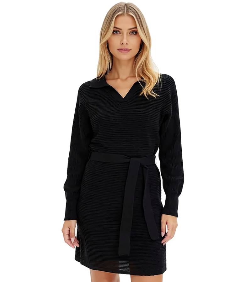 Damen Strick-Kleid Mini-Kleid mit Polo-Kragen Langarm-Kleid Baumwoll-Kleid 905509 Schwarz von O46bpx