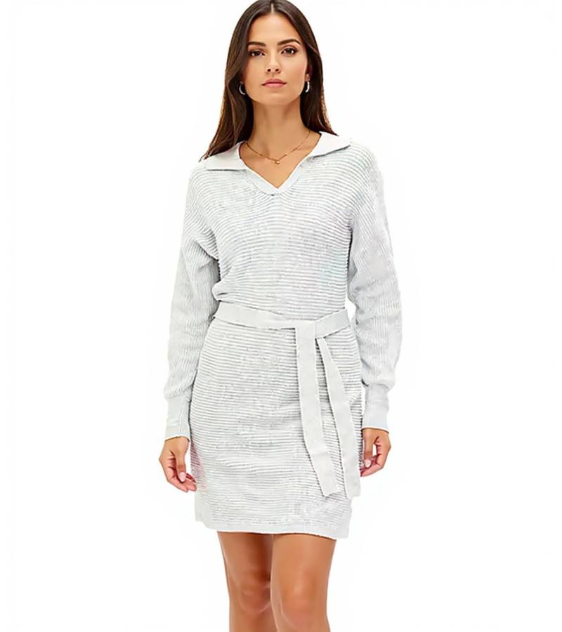 Damen Strick-Kleid Mini-Kleid mit Polo-Kragen Langarm-Kleid Baumwoll-Kleid 917467 Grau von O46bpx