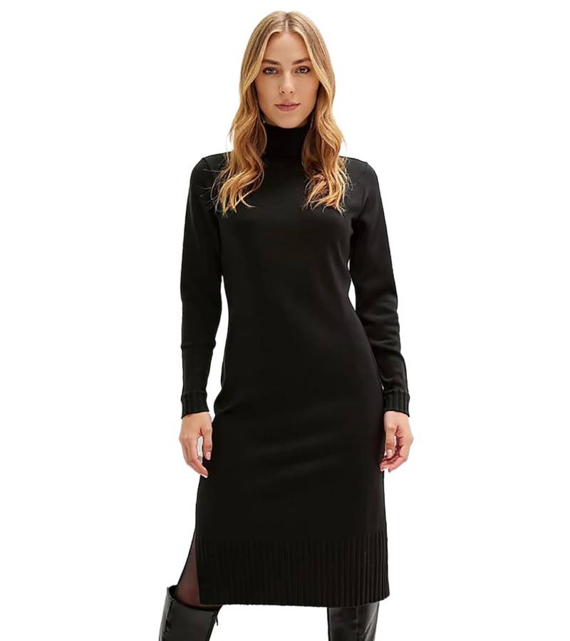 Damen Strick-Kleid Mini-Kleid mit Rollkragen Langarm-Kleid 951077 Schwarz von O46bpx