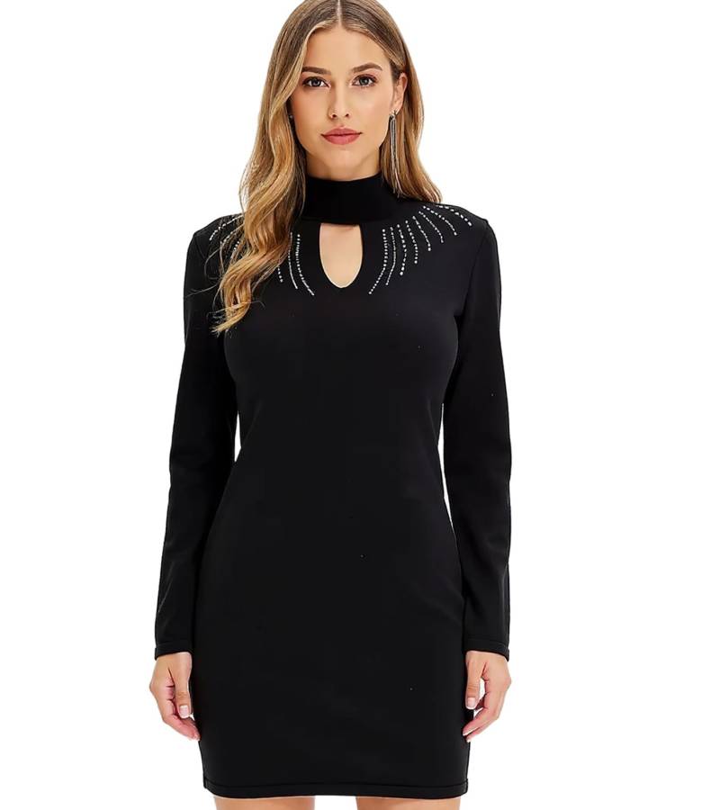 Damen Strick-Kleid Mini-Kleid mit Rollkragen und Ausschnittdetails Langarm-Kleid 916864 Schwarz von O46bpx