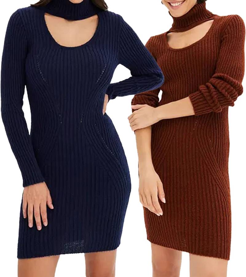 Damen Strick-Kleid Mini-Kleid mit Rollkragen und Ausschnittdetails Langarm-Kleid in Mahagoni-Braun oder Dunkel-Blau von O46bpx