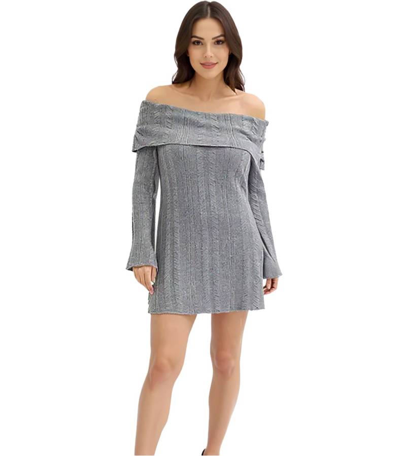 Damen Strick-Kleid mit Bardot-Ausschnitt Mini-Kleid Schulterfrei 912333 Grau von O46bpx