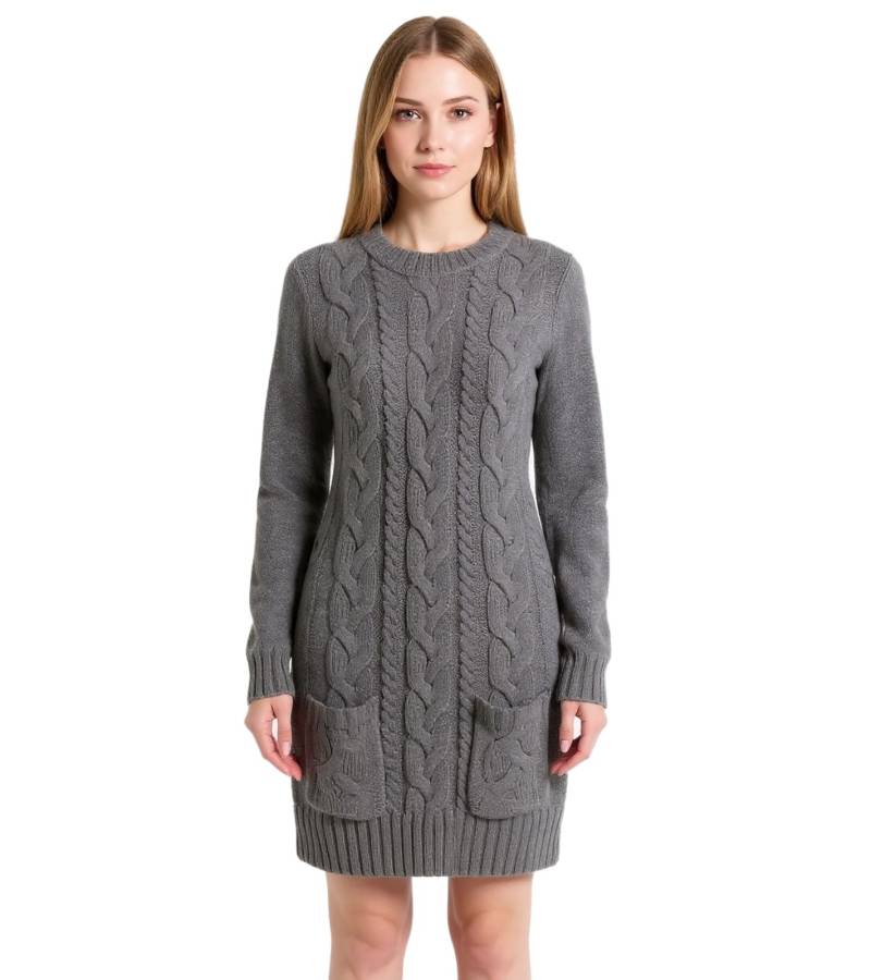 Damen Strick-Kleid mit Rollkragen Pullover-Kleid im Zopfmuster 907965 Grau von O46bpx
