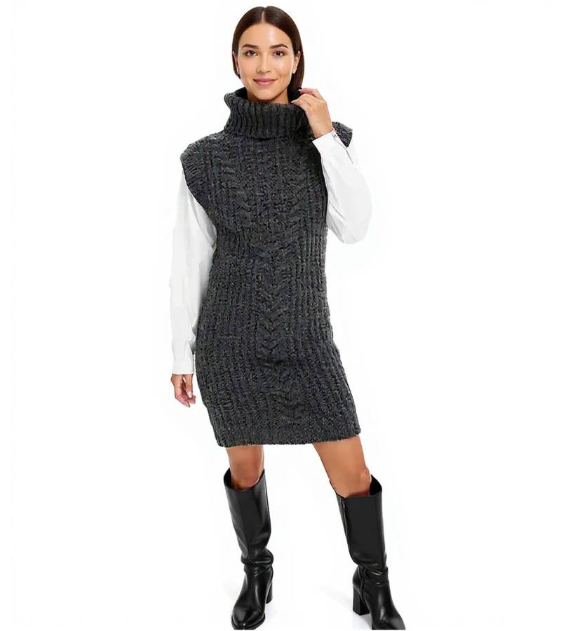 Damen Strick-Kleid mit Rollkragen Pullover-Kleid im Zopfmuster 964128 Grau von O46bpx