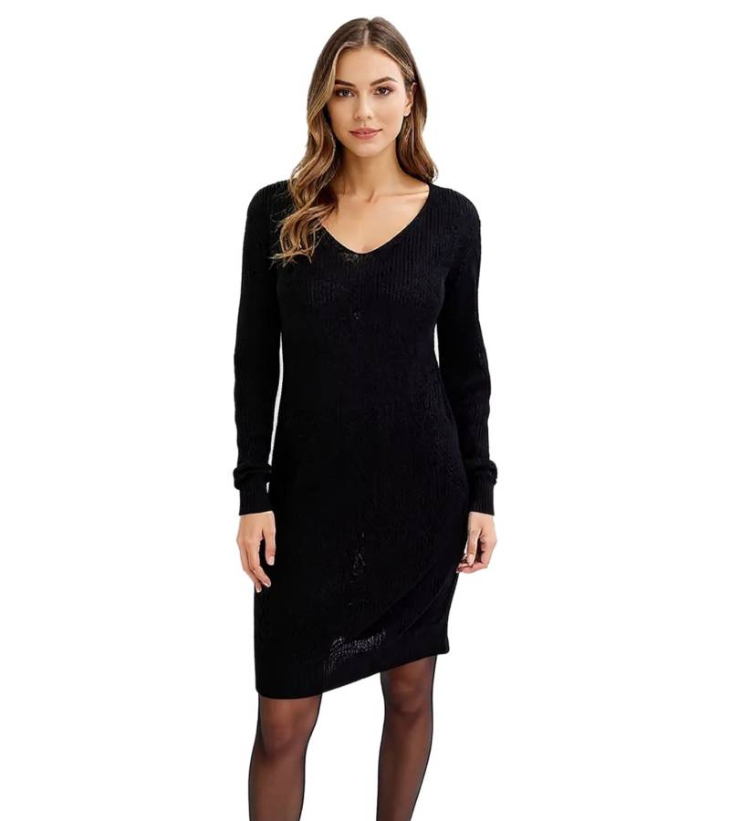 Damen Strick-Kleid mit V-Ausschnitt Mini-Kleid mit geradem Schnitt Langarm-Kleid 971974 Schwarz von O46bpx