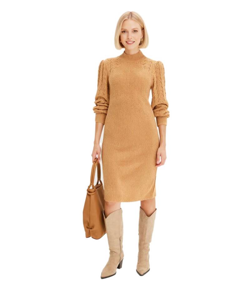 Damen Strick-Kleid modischer Long Strick-Pullover 965961 Beige von O46bpx