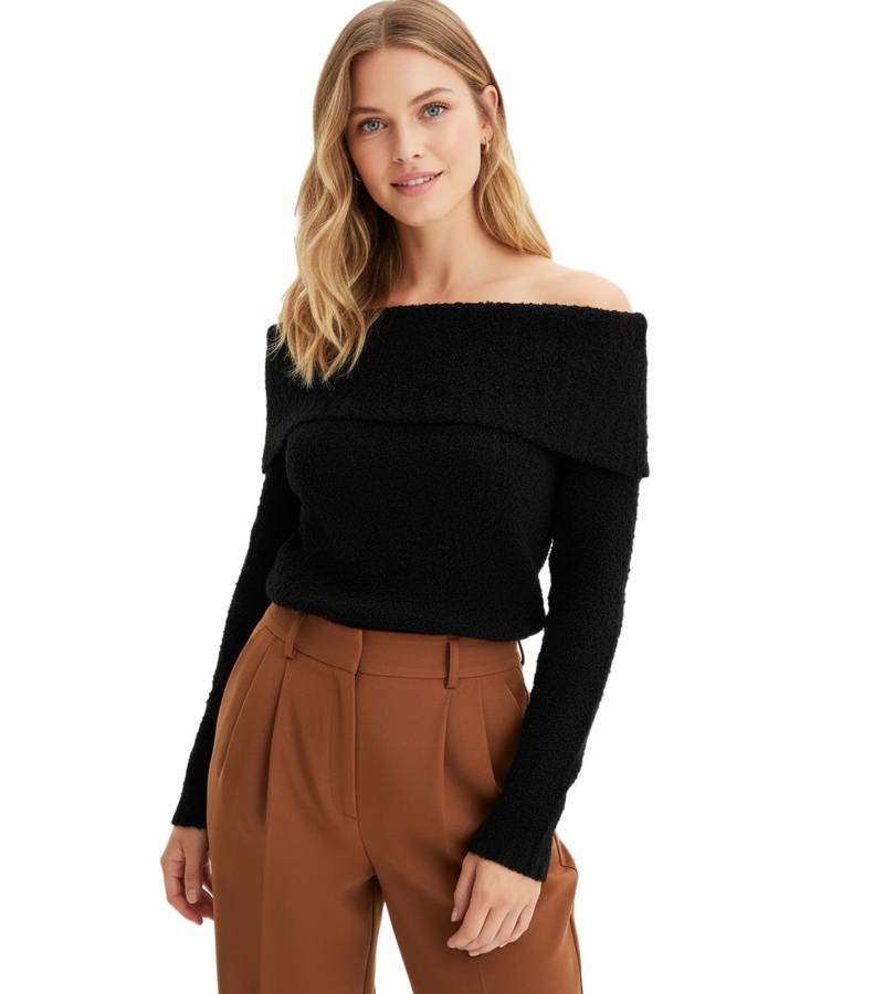 Damen Strick-Pullover Off Shoulder-Pullover Alltags-Pulli Sweater 907644 Schwarz von O46bpx