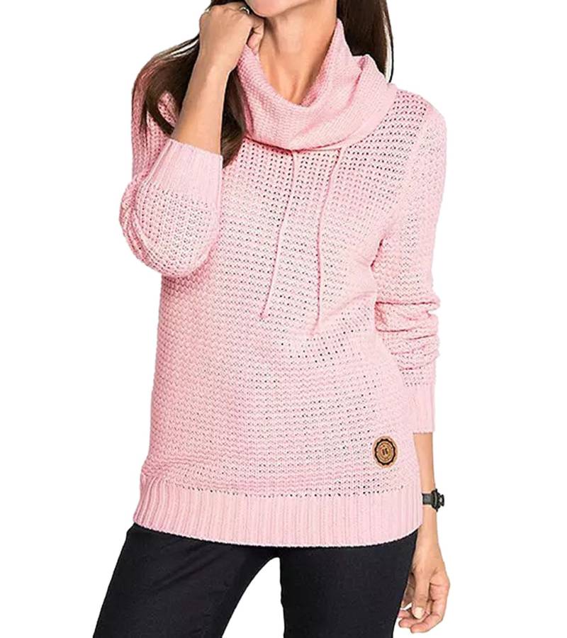 Damen Strick-Pullover mit Rollkragen und Kordelzug im Zopfmuster Baumwoll-Pullover Freizeit-Sweater 962955 Rosa von O46bpx