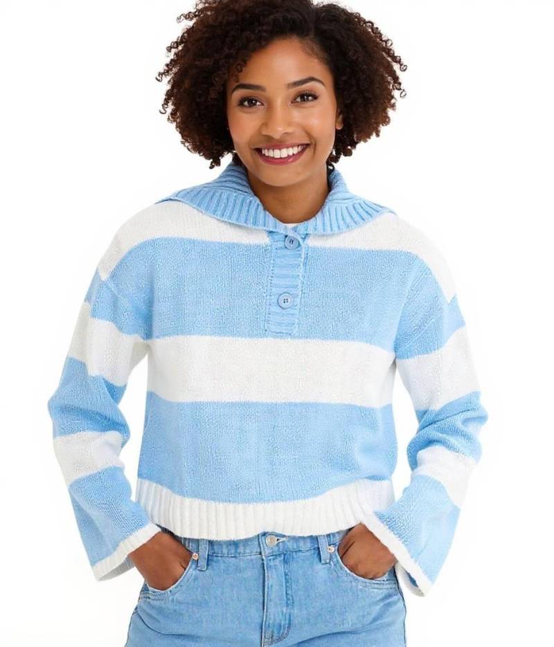 Damen Strick-Troyer mit Knöpfen gestreifter Strick-Pulli Große Größen 971190 Weiß/Hellblau von O46bpx