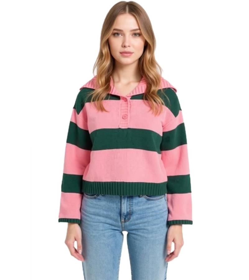 Damen Strick-Troyer mit Knöpfen gestreifter Strick-Pulli Große Größen 974173 Rosa/Grün von O46bpx