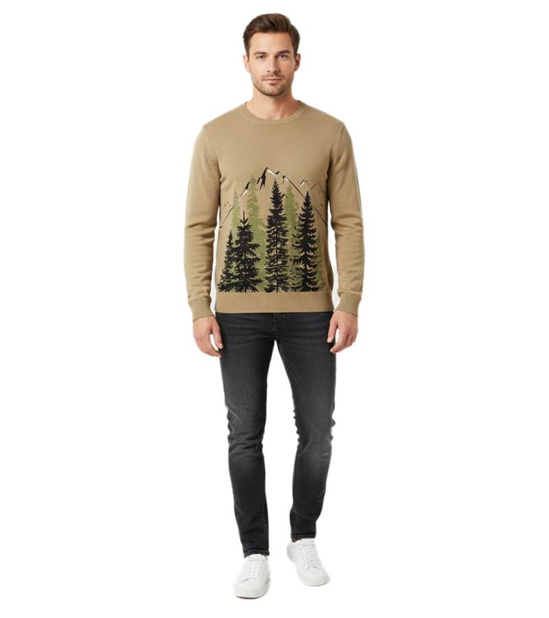 Herren Feinstrick-Pullover Rundhals-Pullover mit Wald und Berge-Muster Winter-Pulli Große Größen 971556 Khaki von O46bpx