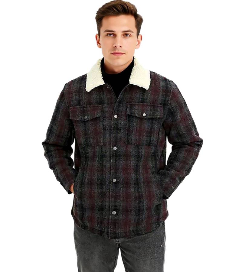 Herren Hemd-Jacke Kunstfelljacke im Karo-Muster modisches Langarm-Hemd 957592 Schwarz/Grau/Rot von O46bpx