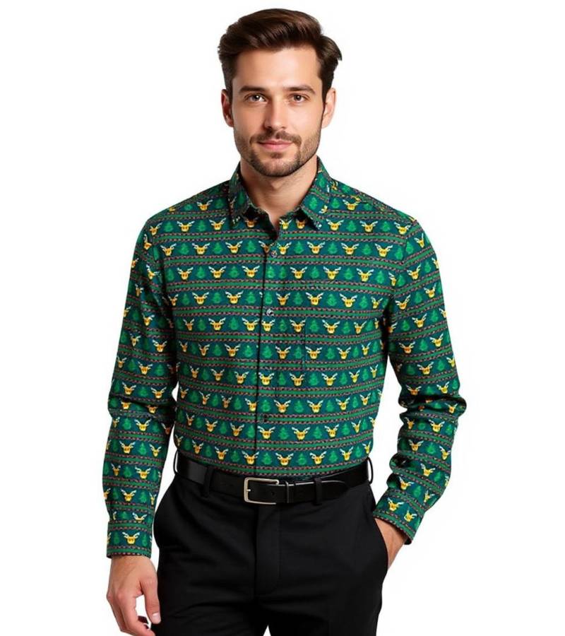 Herren Langarm-Hemd mit weihnachtlichem Motiv Baumwoll-Hemd 961600 Grün von O46bpx