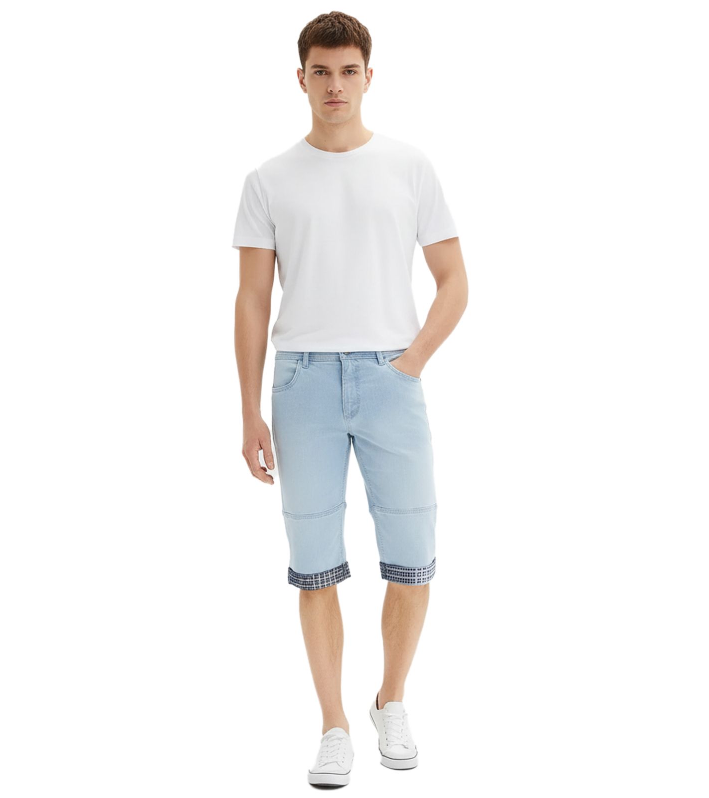 Herren Long-Jeans-Bermuda Baumwoll-Hose mit fixiertem Umschlag nachhaltige kurze Hose 918735 Hell-Blau von O46bpx