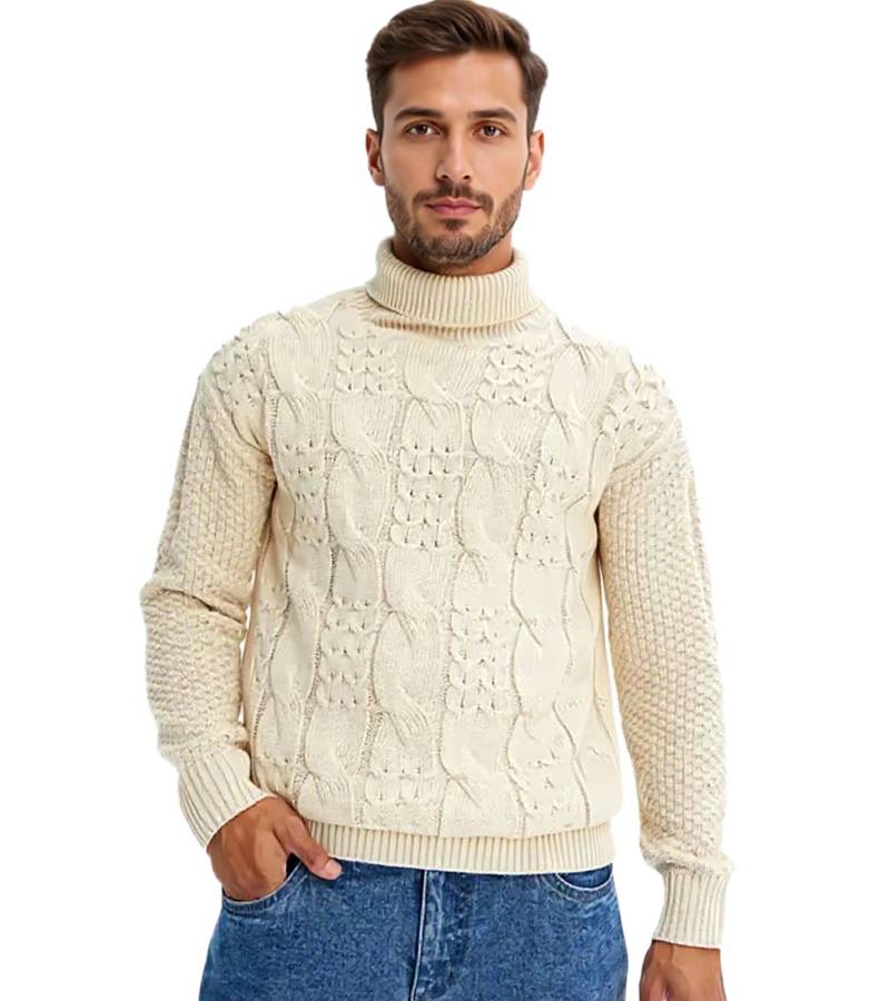 Herren Strick-Pullover Rollkragen-Pullover mit Zopfstrick-Muster Winter-Pulli Große Größen 938114 Beige von O46bpx