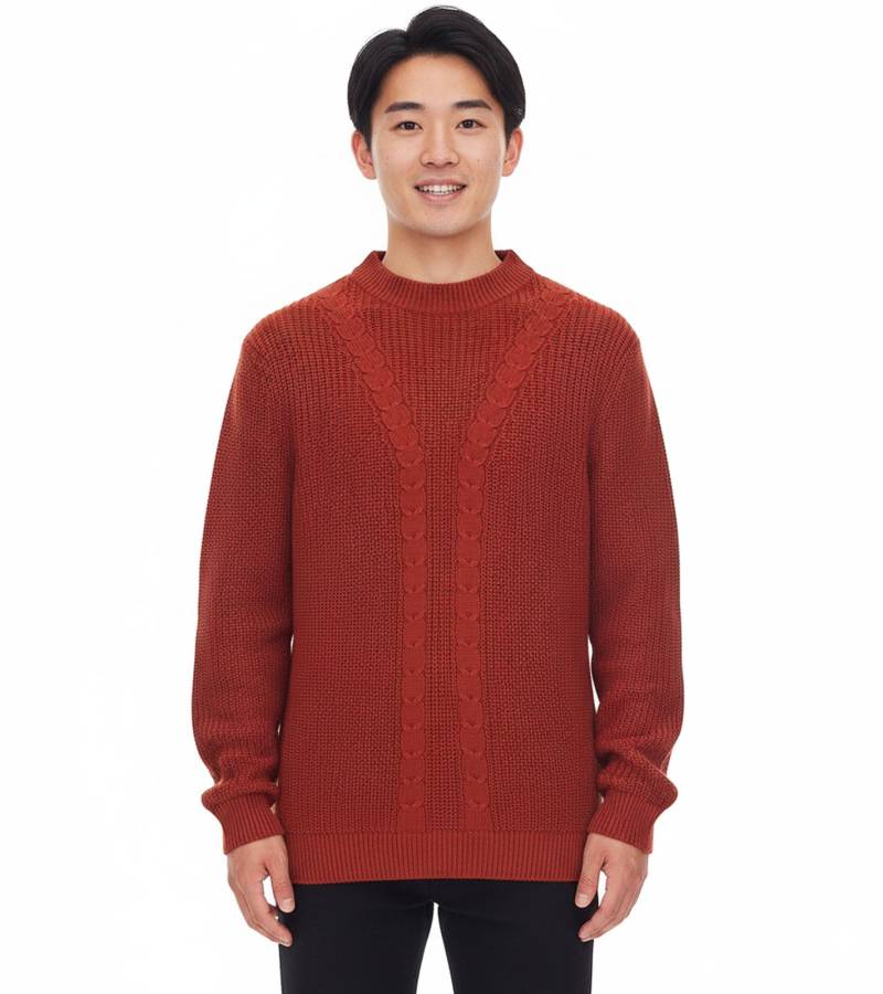 Herren Strick-Pullover mit Zopfmuster nachhaltiger Rundhals-Sweater 970108 Rost-Braun von O46BPX