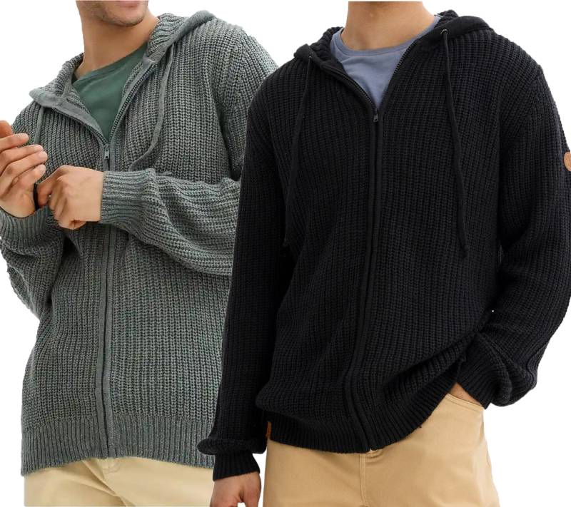Herren schöne Basic Strick-Jacke mit Kapuze Grobstrick-Pullover Schwarz oder Eukalyptus-Grün von O46bpx