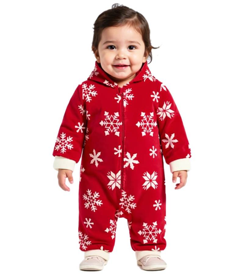 Jumpsuit Kleinkinder Overall Fleece-Anzug mit Kapuze Schneeflocken-Design mit Reißverschluss Baby-Anzug 954927 Rot/Weiß von O46bpx