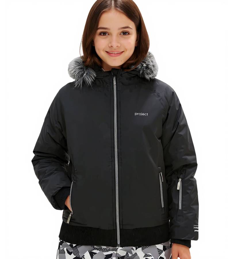 Kinder Winter-Jacke für Mädchen nachhaltige Ski-Jacke Outdoor-Jacke mit Kapuze und Fellrand zum abnehmen Schneejacke 938001 Schwarz von O46bpx