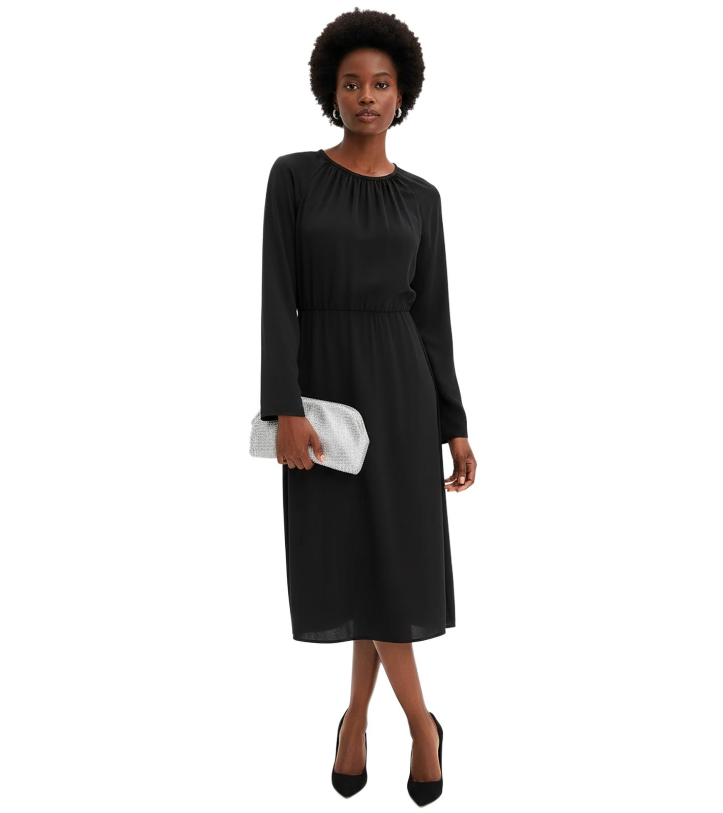Minimalistisches Damen Satin-Kleid Frühlings-Kleid mit langen Ärmeln Maxi-Kleid 911211 Schwarz von O46bpx