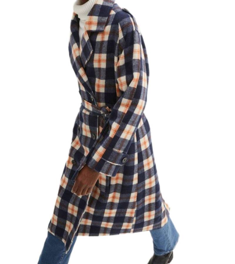 karierter Damen Herbst-Mantel mit Gürtel Alltags-Mantel Basic-Mantel Langarm-Jacke 940534 Blau/Orange von O46bpx