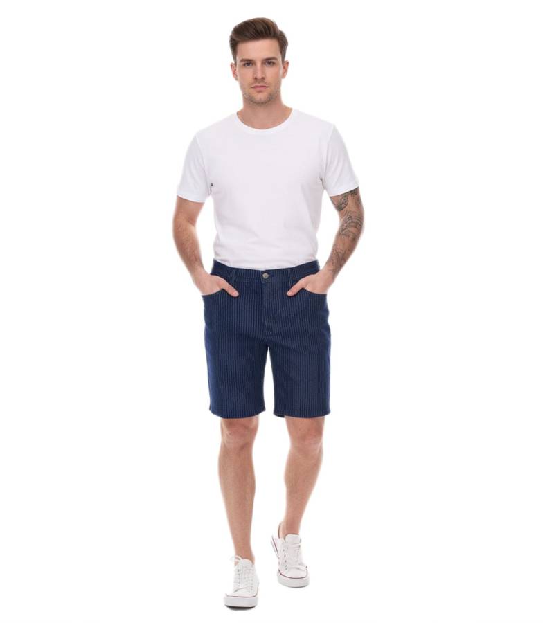 modische Herren Stretch Jeans-Bermuda Denim-Shorts Regular-Fit im Nadelstreifen-Look Große Größen 946959 Dunkel-Blau von O46bpx