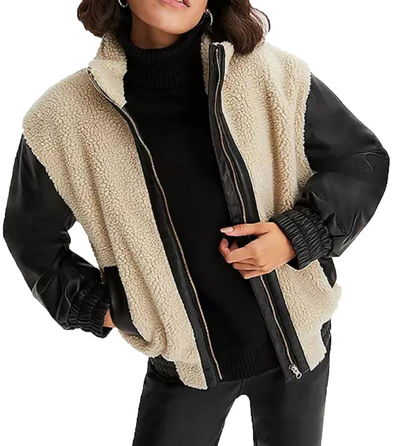nachhaltige Damen Jacke weiche Teddyfell-Jacke mit Kunstleder Übergangs-Jacke 917726 Beige/Schwarz von O46bpx