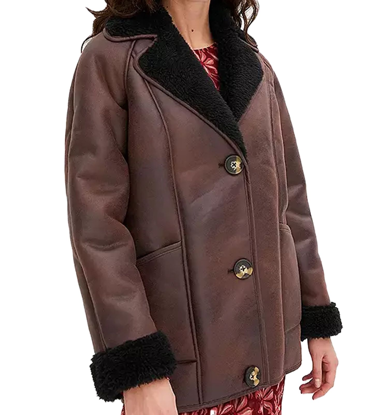 nachhaltige Damen Lederimitat-Jacke mit Kunstlammfell-Kragen Oversized-Jacke 950768 Braun von O46bpx