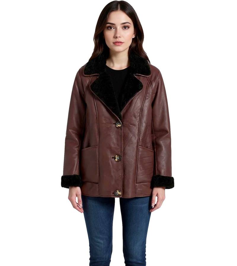 nachhaltige Damen Lederimitat-Jacke mit Kunstlammfell-Kragen Oversized-Jacke 950768 Braun von O46bpx