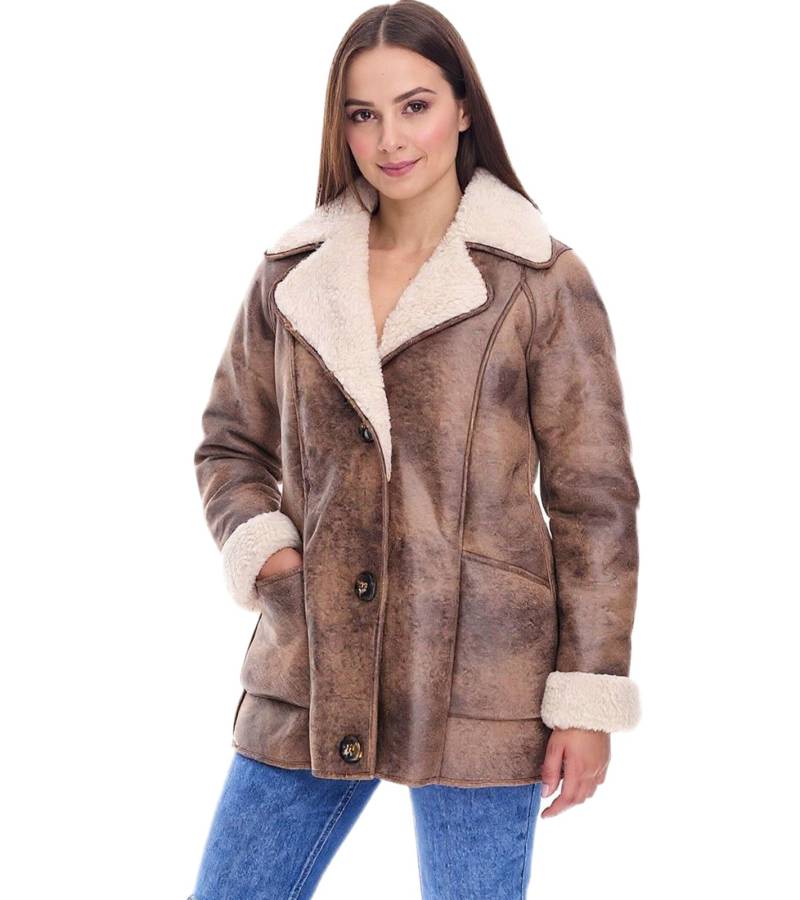 nachhaltige Damen Lederimitat-Jacke mit Kunstlammfell-Kragen Oversized-Jacke Große Größen 970065 Braun von O46bpx