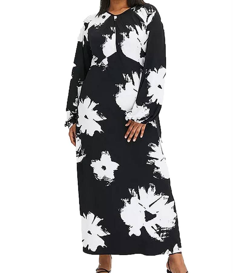 nachhaltiges Damen Maxi-Kleid Sommer-Kleid mit Blumen-Print Freizeit-Kleid 955101 Schwarz/Weiß von O46bpx