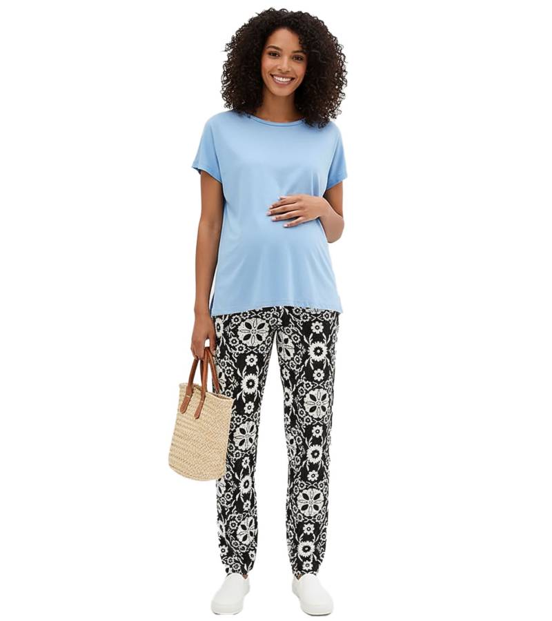 stylische Damen Schwangerschafts-Hose Umstandshose mit Blumen-Muster Umstandsmode 938357 Schwarz/Weiß von O46bpx