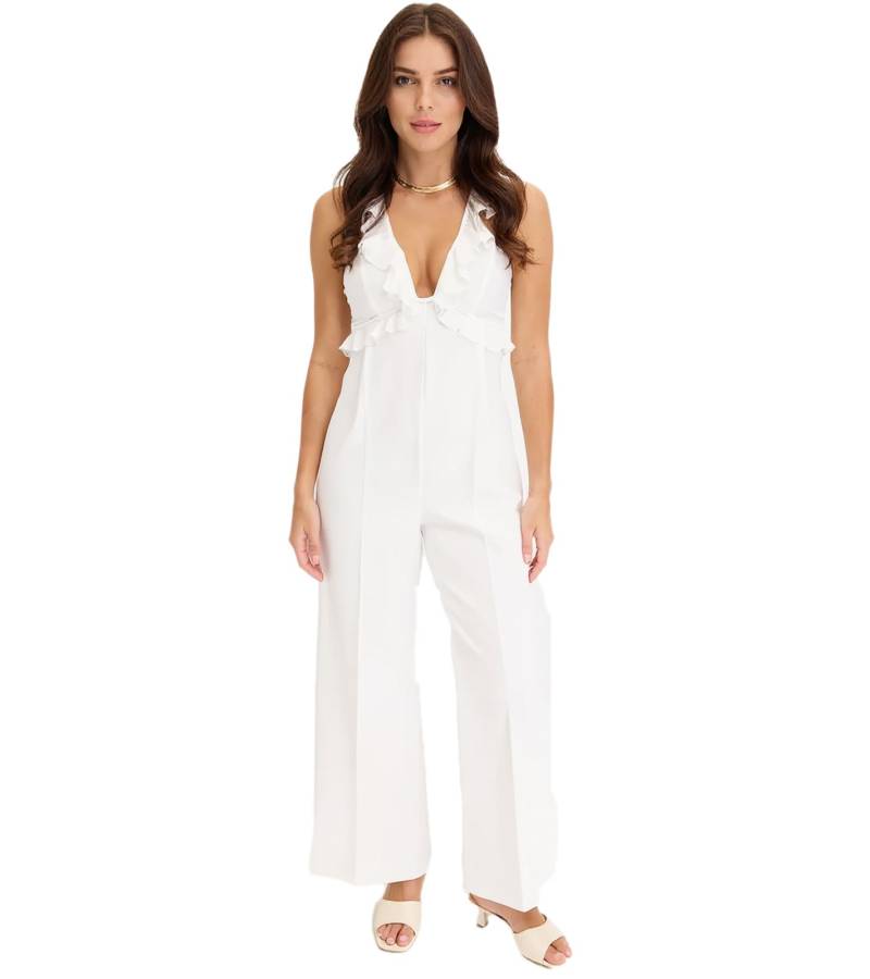 stylischer Damen Jumpsuit mit tiefem Ausschnitt Chiffon-Jumpsuit Urlaubs-Outfit 916982 Weiß von O46bpx