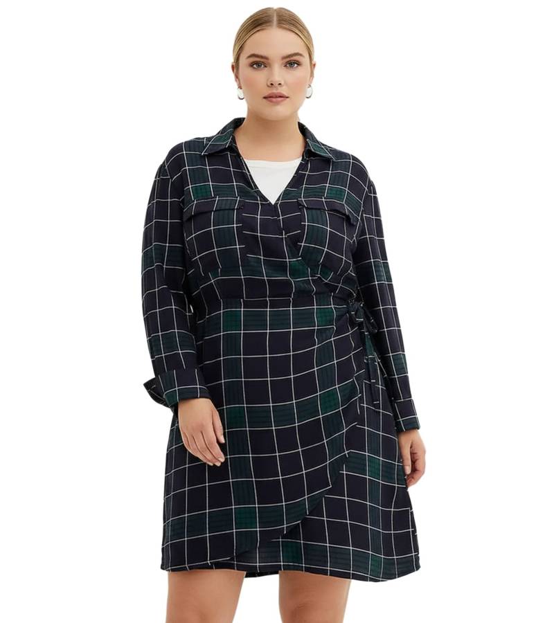 weich fließendes Damen Mini-Kleid kariertes Wickel-Kleid mit Hemdkragen 914043 Blau von O46bpx