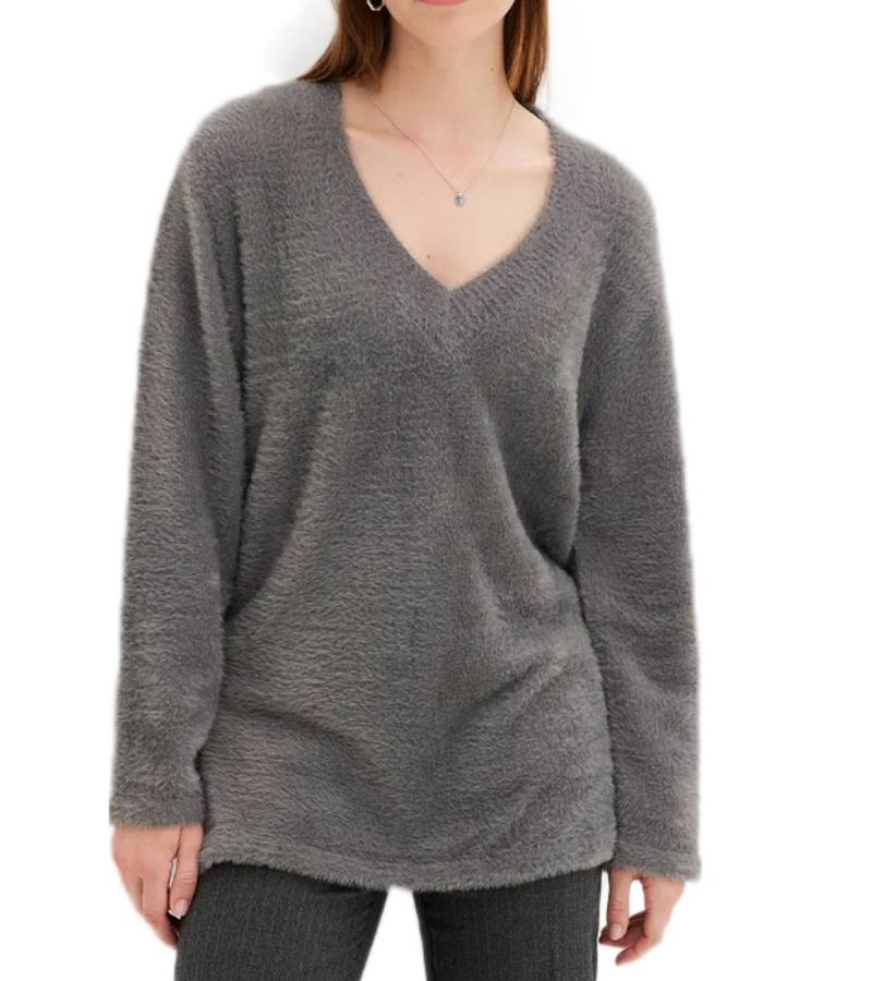 weicher Damen Flausch-Pullover Strick-Pullover mit V-Ausschnitt Basic-Pulli aus Flauschgarn 924617 Grau von O46bpx