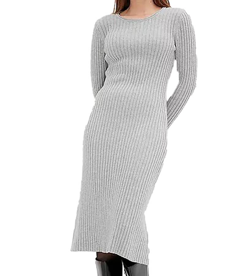weiches Damen Midi-Kleid Basic-Kleid im Strick-Stil Langarm-Kleid 971307 Grau von O46bpx