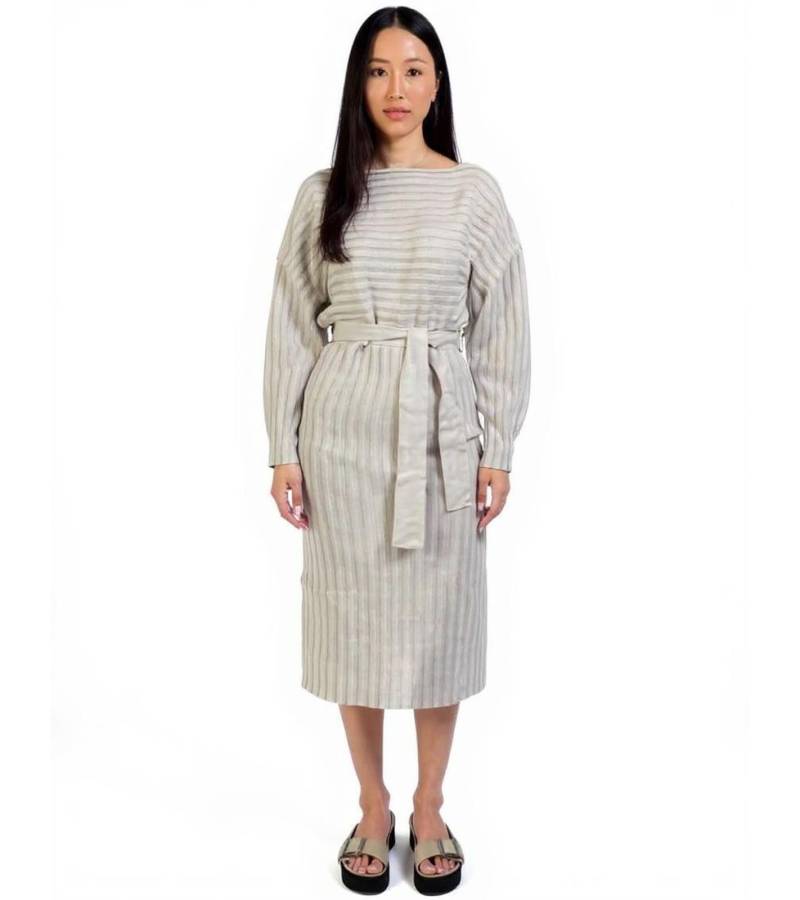 weiches Damen Midi-Kleid Basic-Kleid im Strick-Stil mit Bindeband Langarm-Kleid 929118 Beige von O46bpx