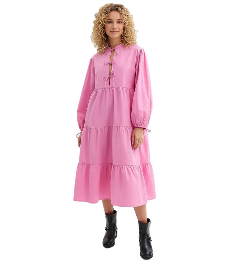 weites Damen Midi-Kleid mit Schleifen aus reiner Baumwolle Langarm-Kleid 977645 Rosa von O46bpx